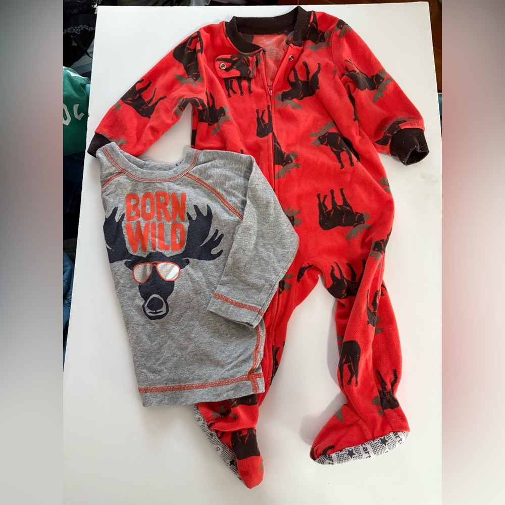 Carters moose red fleece footie sleeper & Old Navy moose Graphic long sleeve 12m